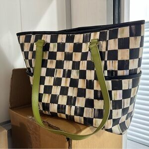 MacKenzie-Childs Checkered leather Tote Bag with Green Accents